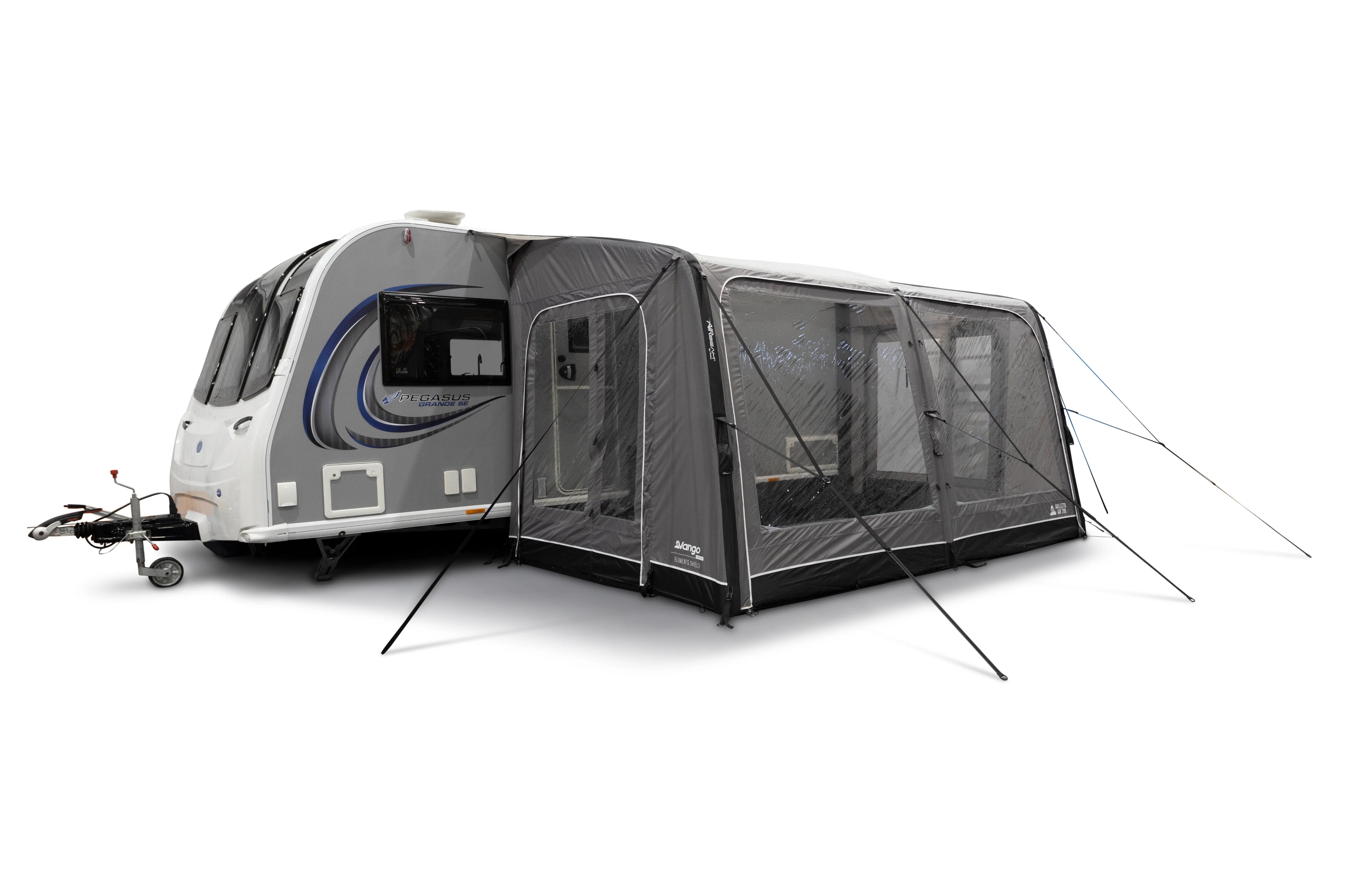 Balletto Air 390 Awning attached to a caravan on a white background