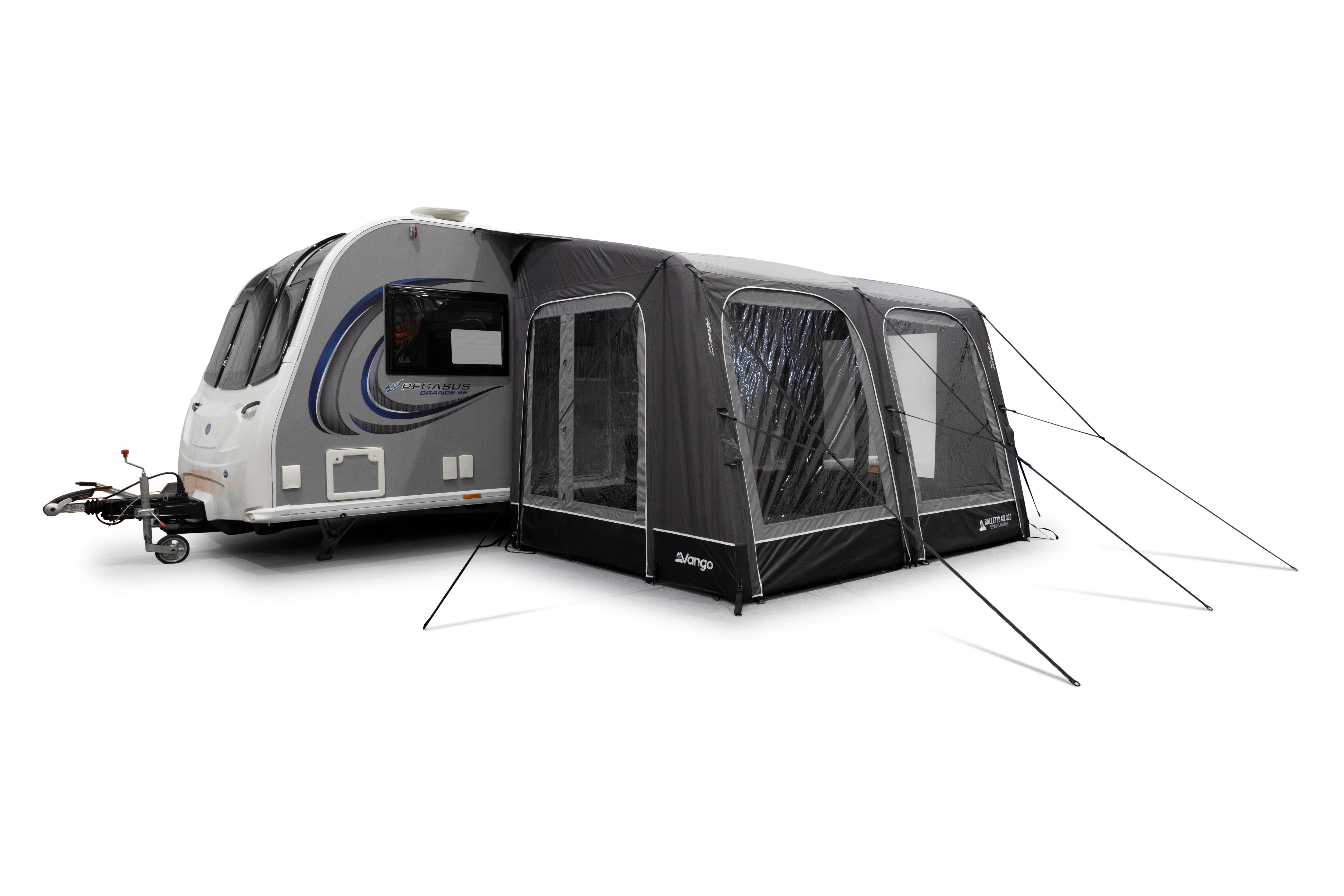 Caravan with an attached Balletto Pro Air 330 awning on a white background