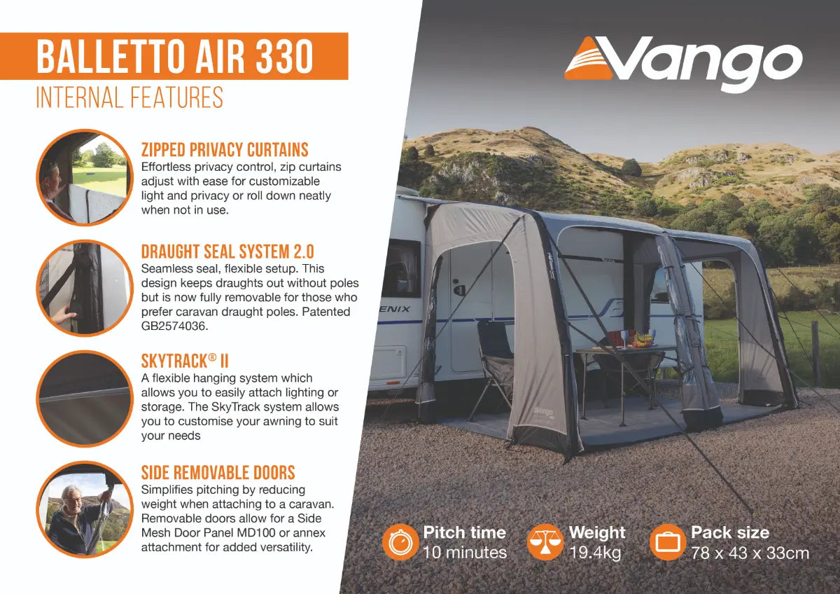 Vango Balletto Air 330 Inflatable Caravan Porch Awning 2026