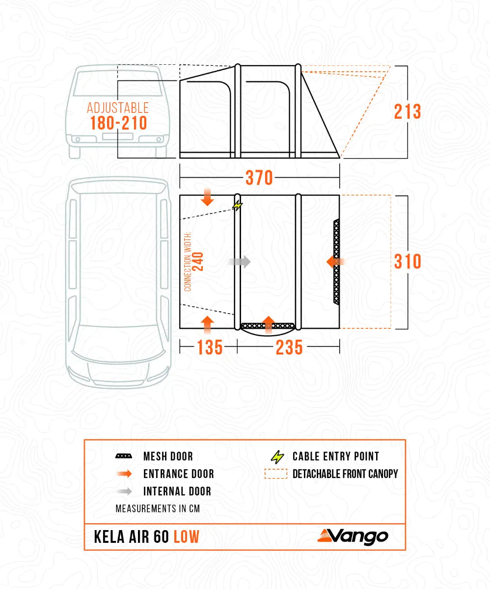 Technical diagram of a Vango Kela Air 60 Low awning with measurements and features.