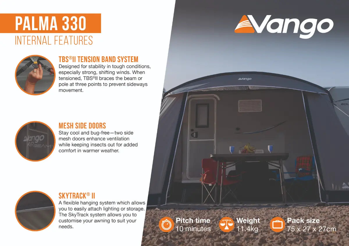 Vango Palma 330 Lightweight Caravan Poled Porch Awning 2026