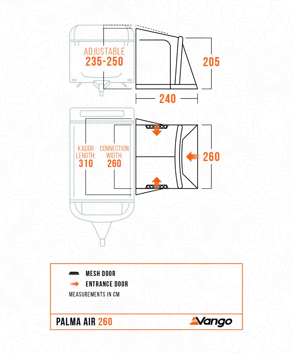 Technical measurement diagram for a Vango Palma Air 260, showing front and side profile views with dimensions in centimetres on a white background.