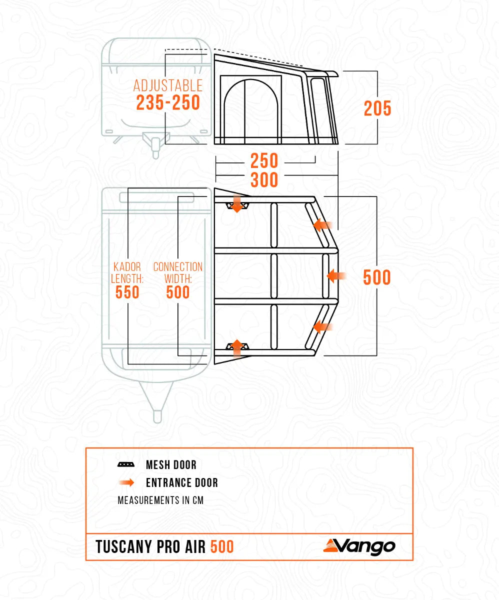 Technical measurement diagram of the Tuscany Pro Air 500 awning, showing front and side profile views with dimensions in centimetres.